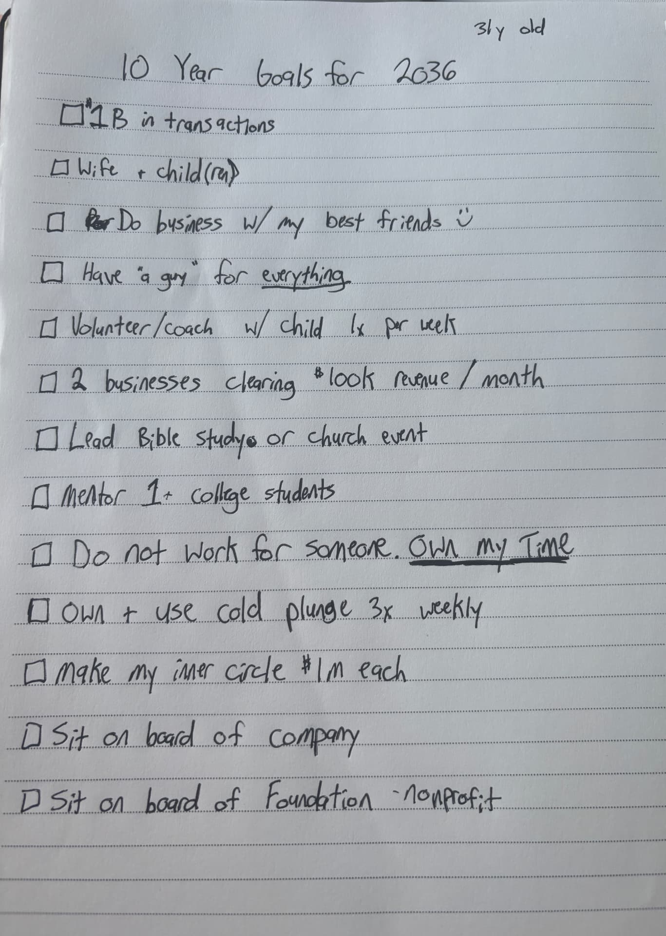 Handwritten 10-year goals for 2036